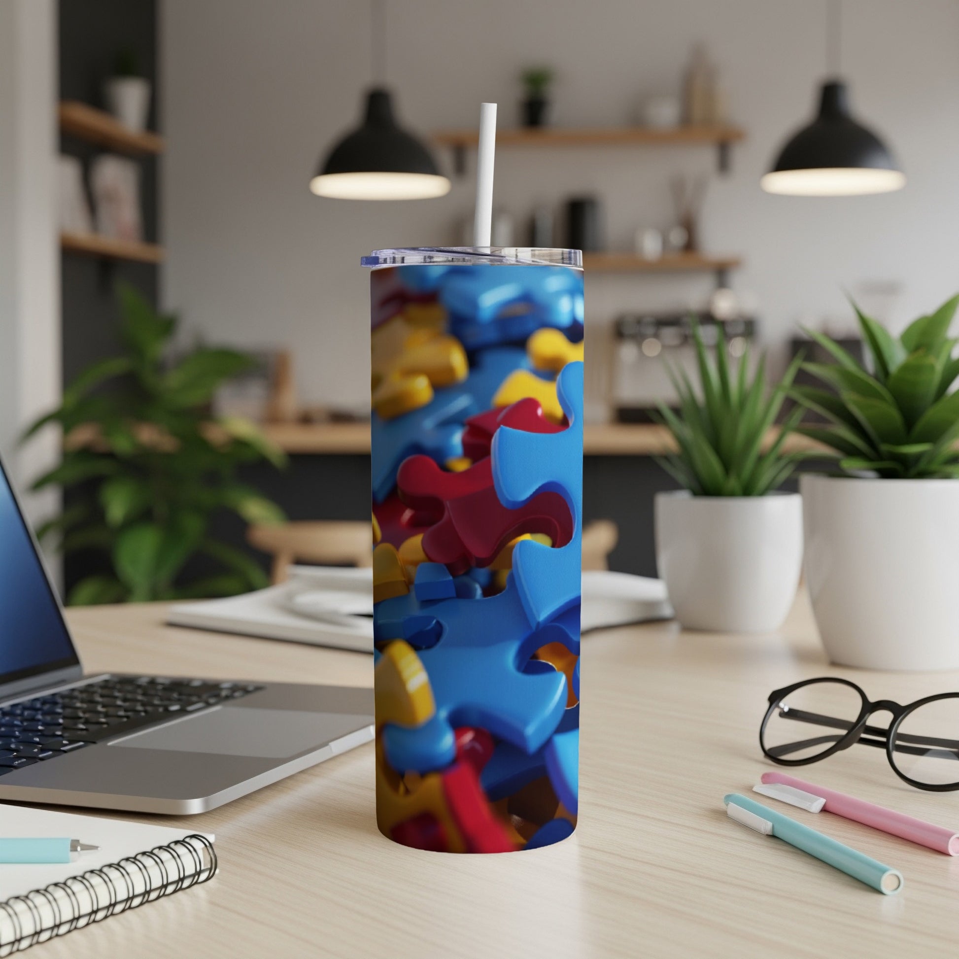 Blue, red, and yellow puzzle pieces on a white tumbler with a straw.
