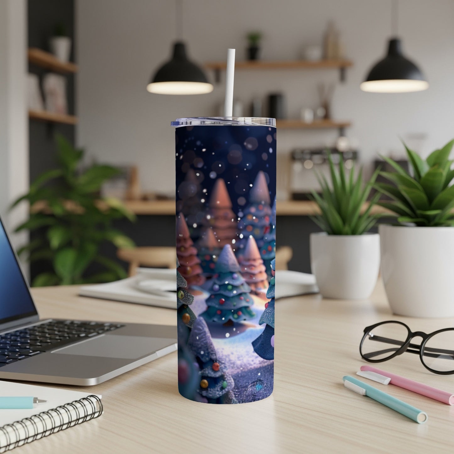Christmas trees and snowflakes design on a white tumbler.
