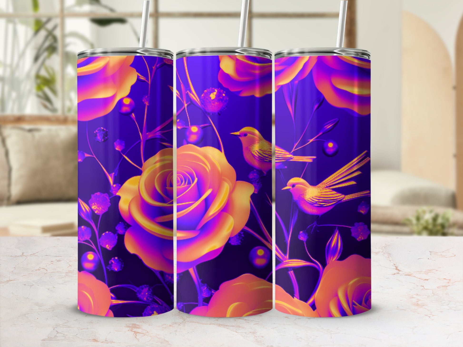 Purple and yellow floral design with birds on a tumbler.