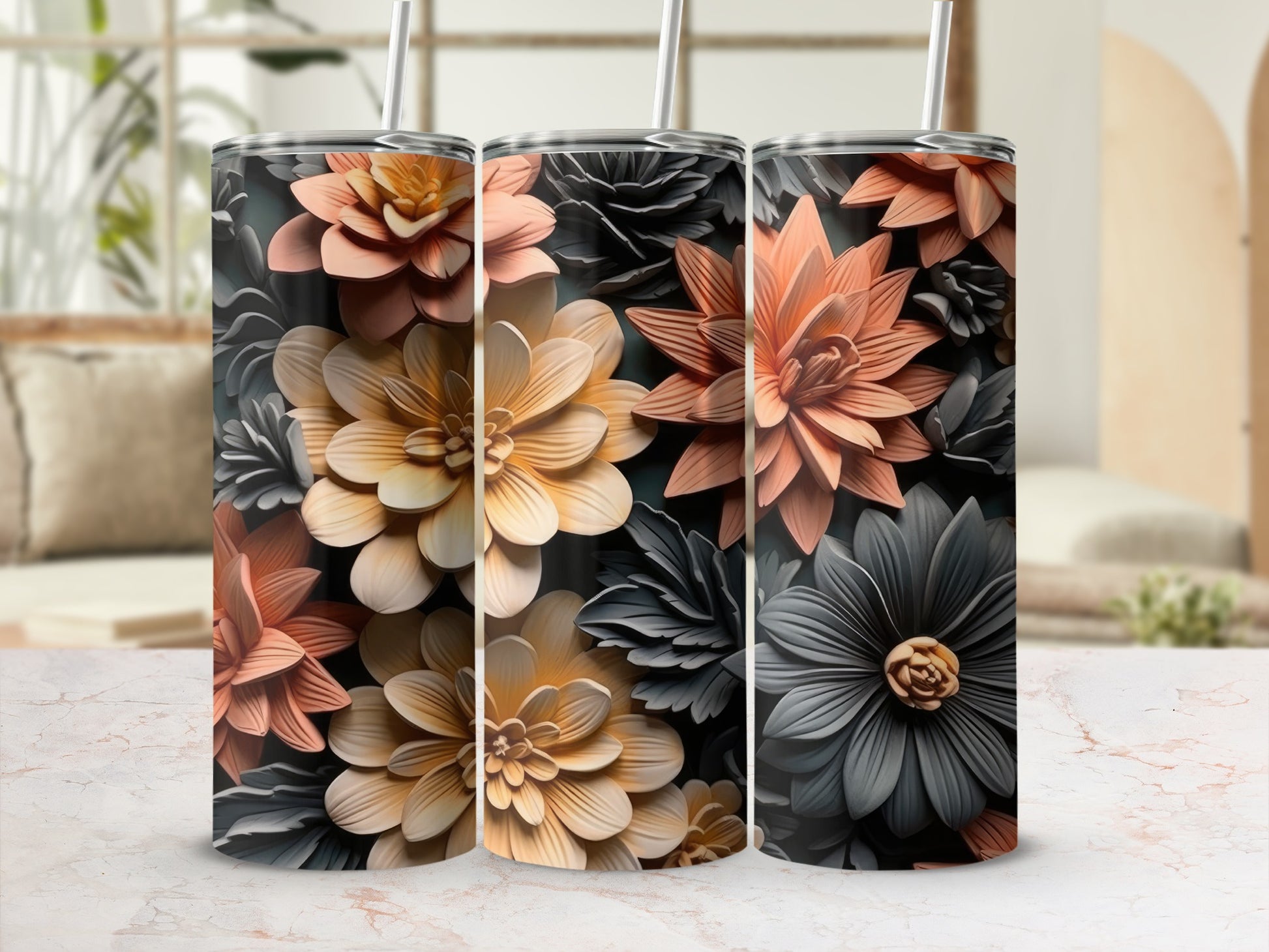 Three floral tumblers with textured petals in warm and cool tones.