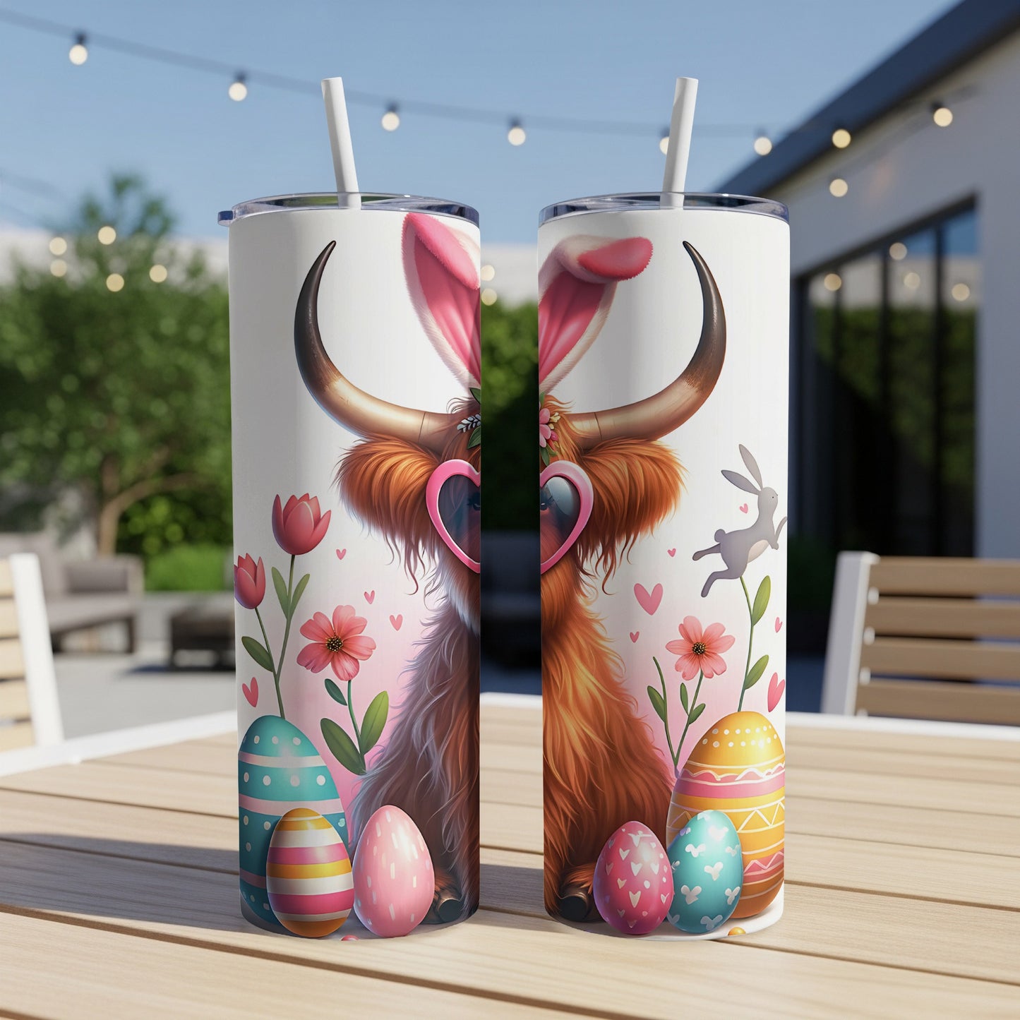 Highland cow with bunny ears and heart sunglasses, Easter eggs, and flowers.