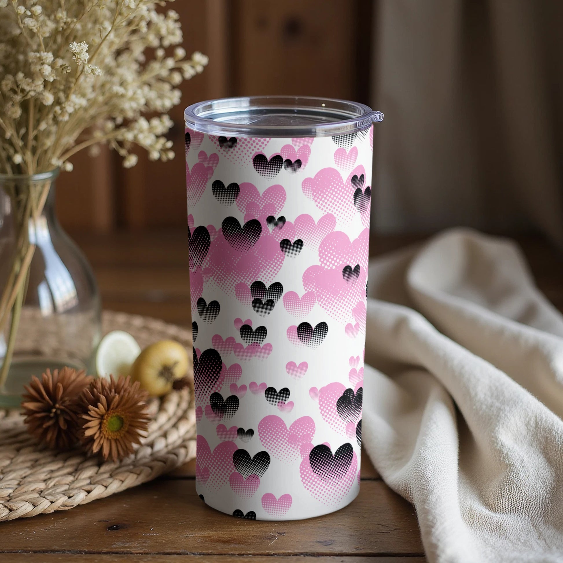 Pink and Black Hearts Patterned Tumbler