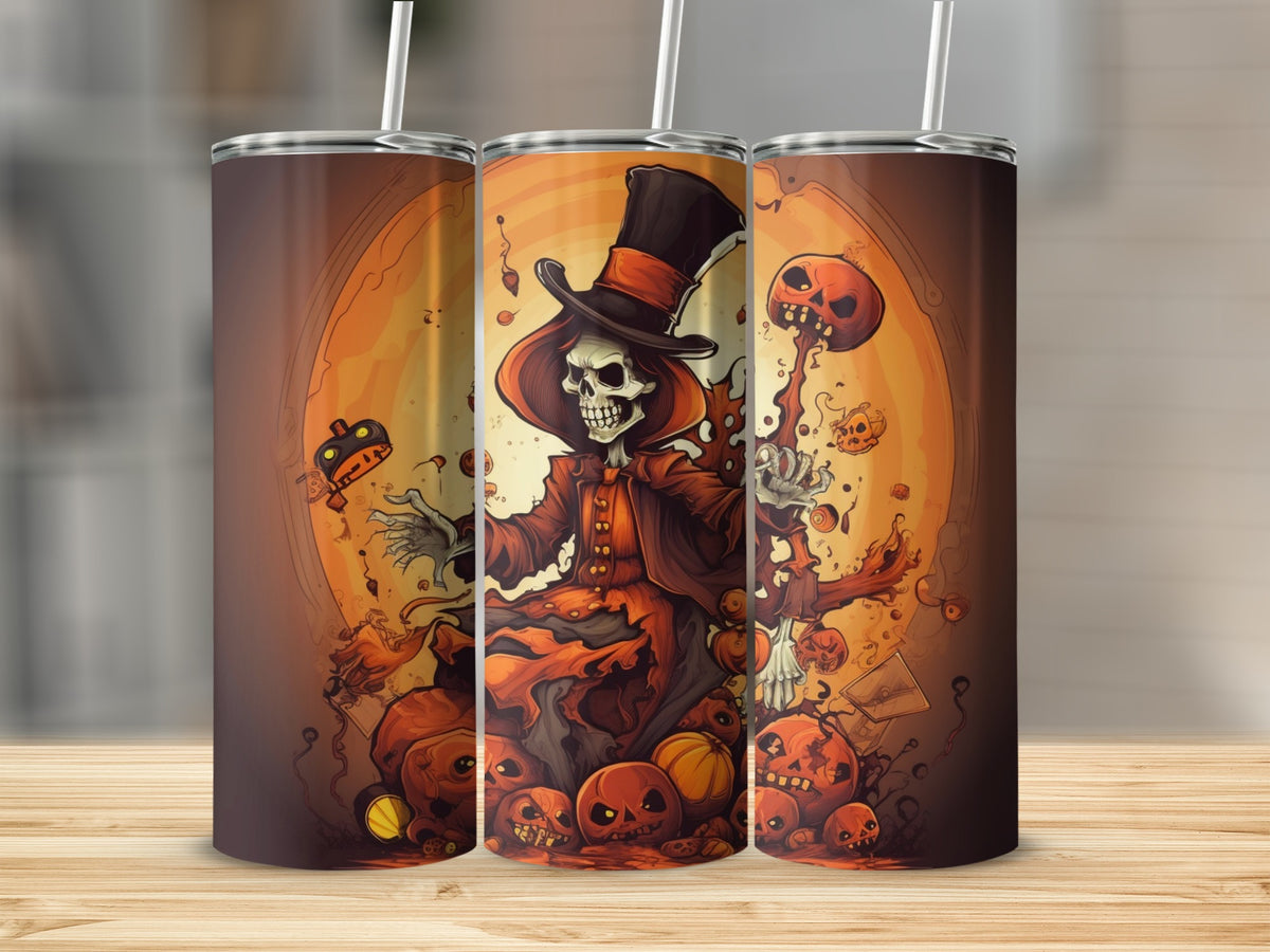 Skeleton in top hat surrounded by pumpkins and spooky Halloween imagery on tumblers.