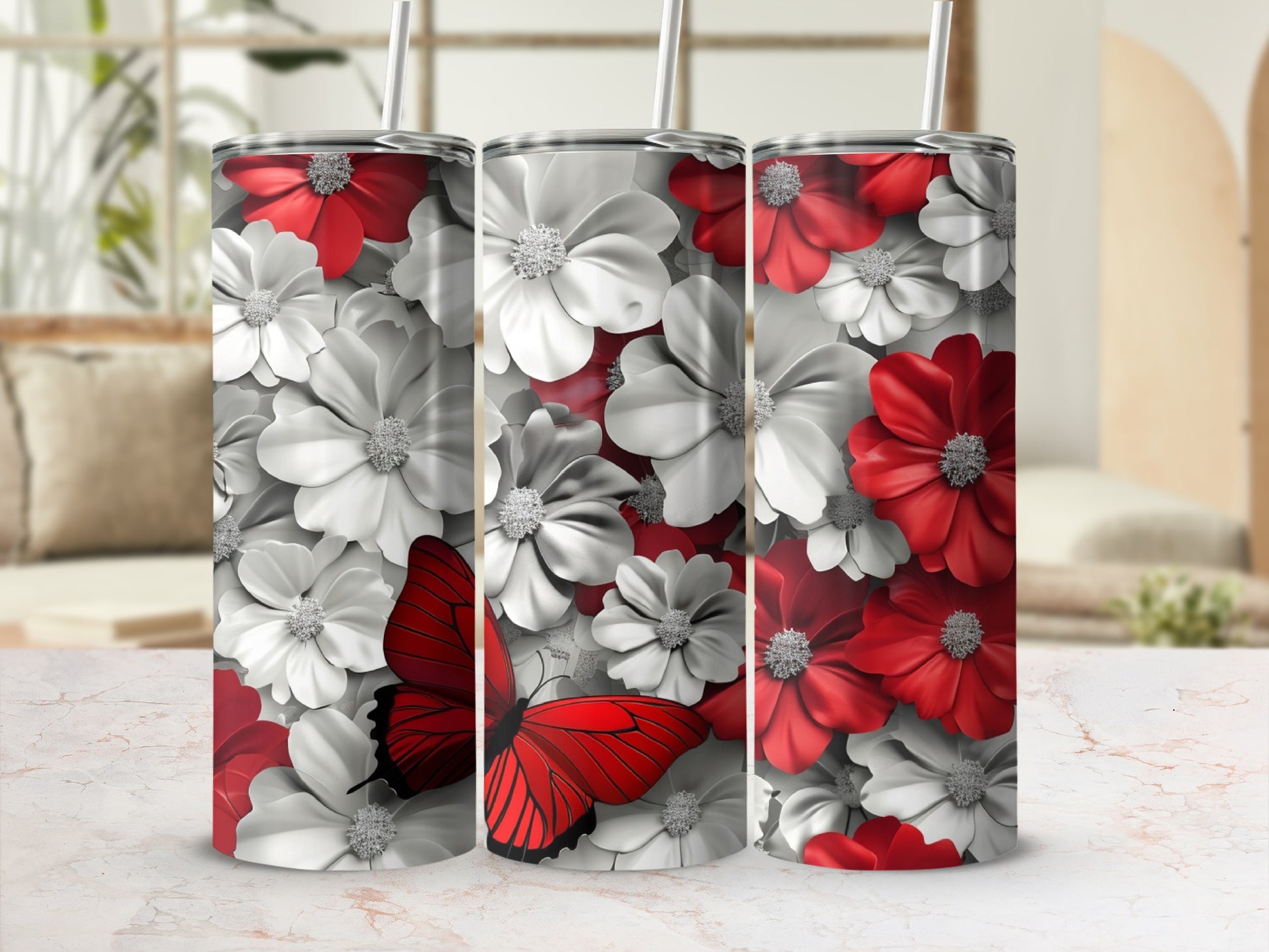 Red butterfly among white and red floral pattern on a tumbler.