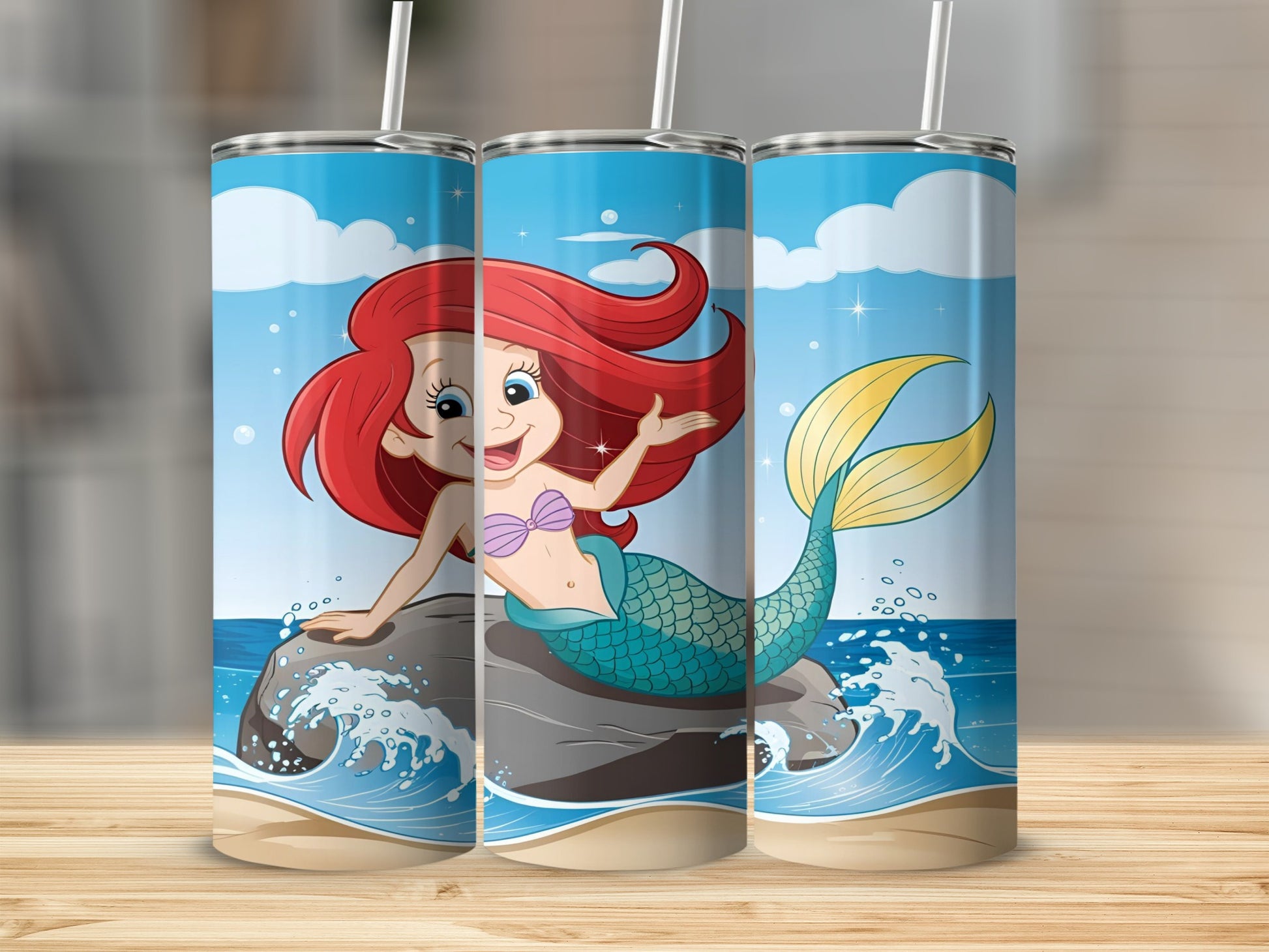 Cartoon mermaid with red hair on a rock in the ocean.