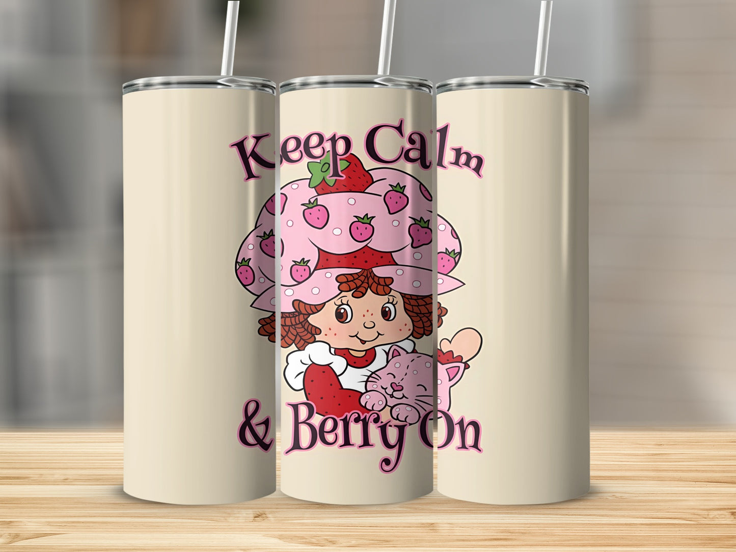 Strawberry Shortcake character with pink cat and "Keep Calm & Berry On" text.