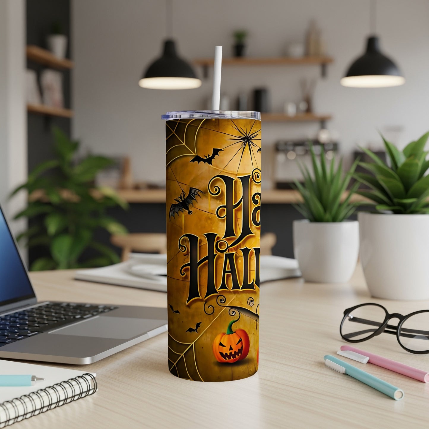 Orange tumbler with "Happy Halloween" text, bats, spiders, and a jack-o'-lantern.