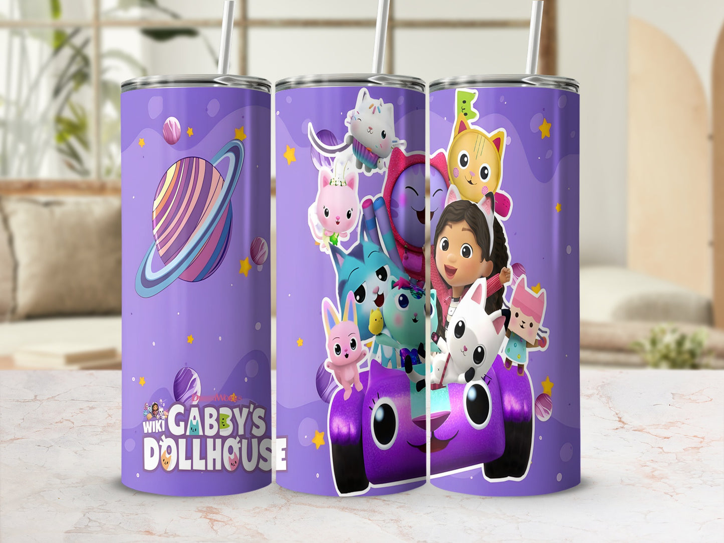 Gabby's Dollhouse characters in a purple car with planets and stars.
