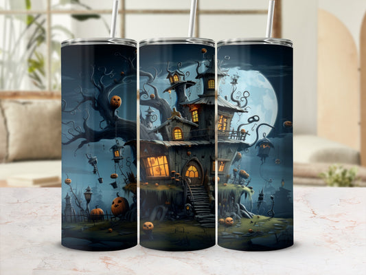 Triptych of tumblers featuring a spooky haunted house, pumpkins, and a full moon.