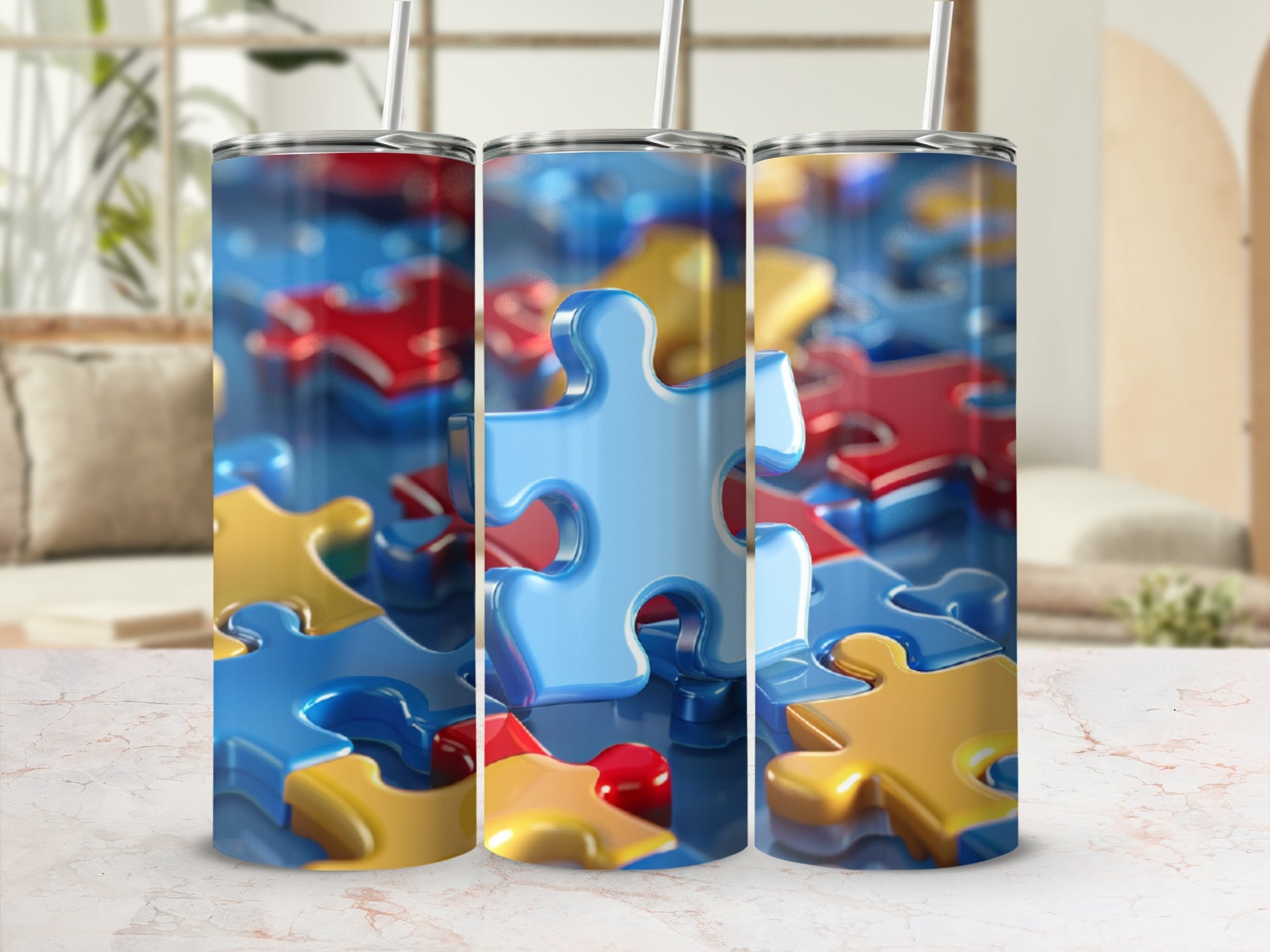 Three tumblers with a colorful puzzle piece design.