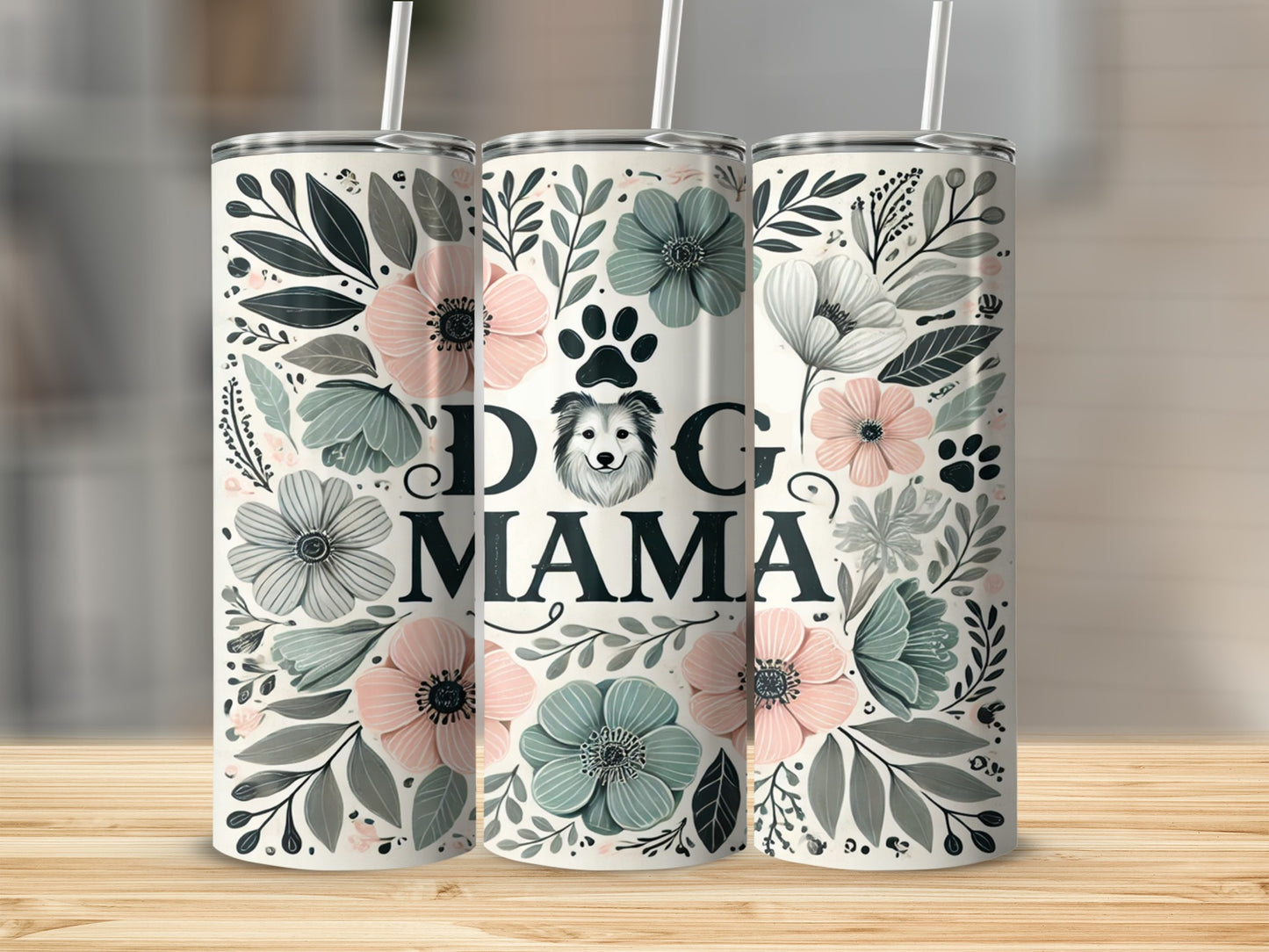 Cute Dog Mama Floral Design Tumbler Cup