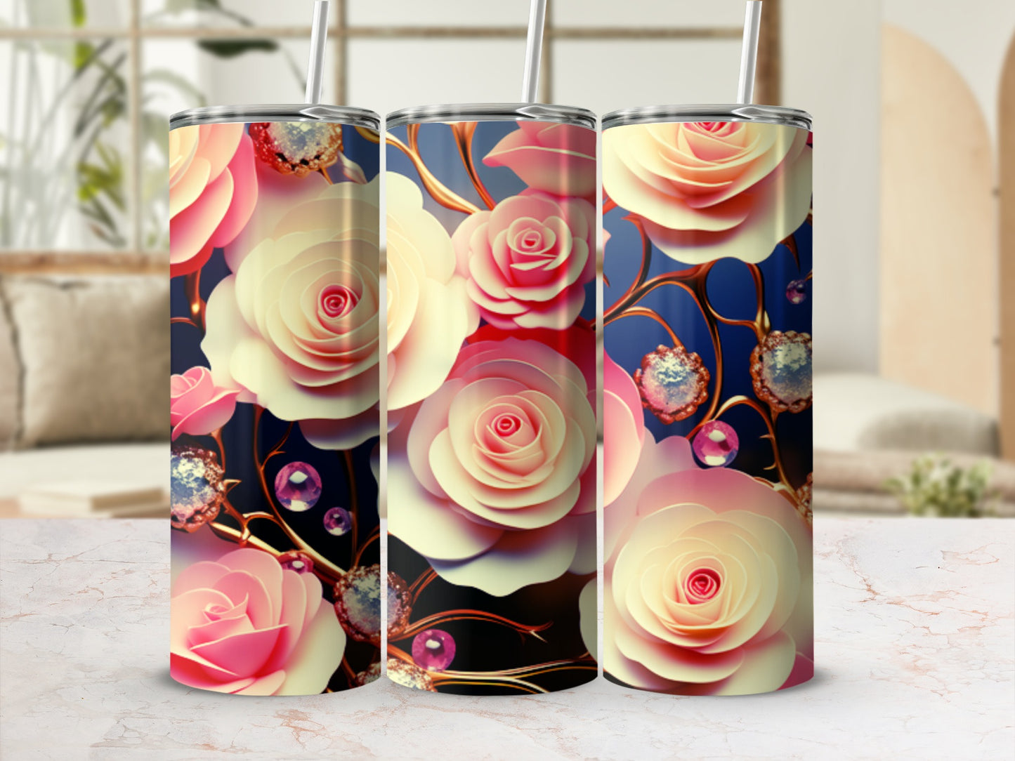 Three tall tumblers with pink and cream roses and jewels.