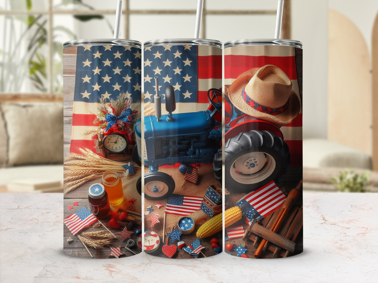Blue tractor with American flag details, straw hat, and wheat on a tumbler.