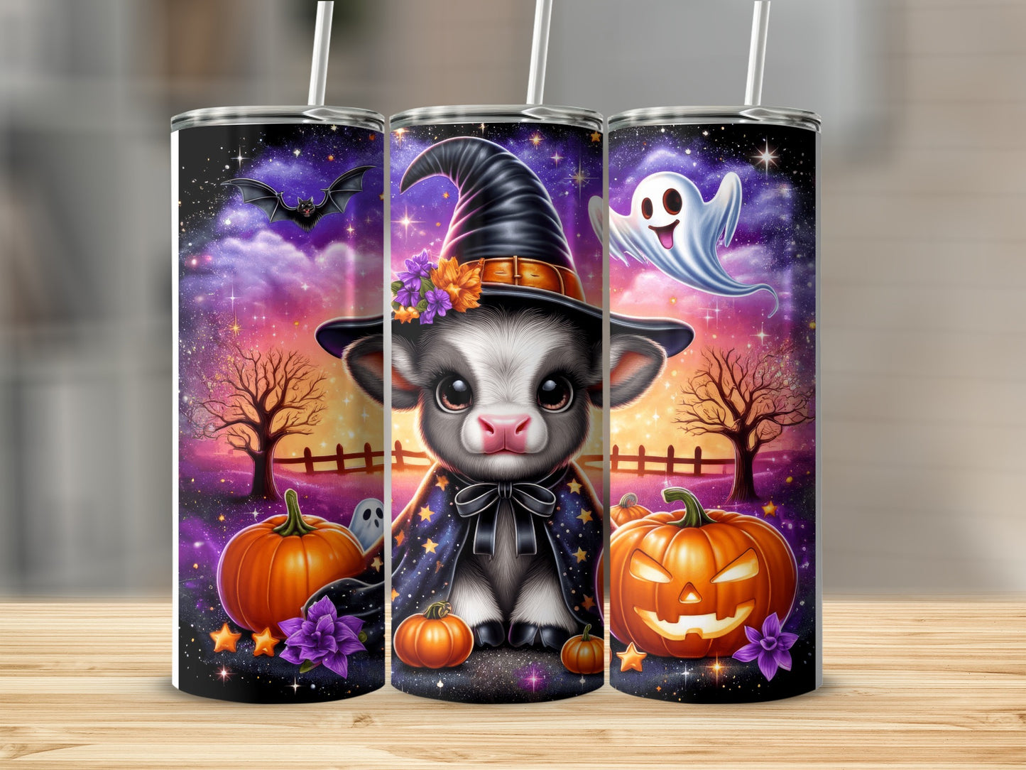 Cute Halloween cow with witch hat and pumpkin decorations.