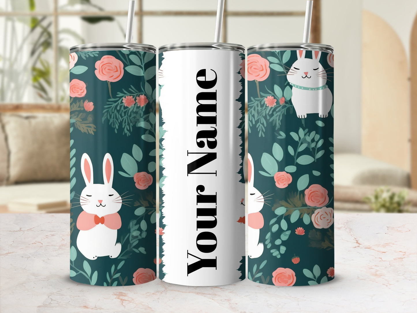Personalized Cute Bunny Floral Design Tumbler Cup