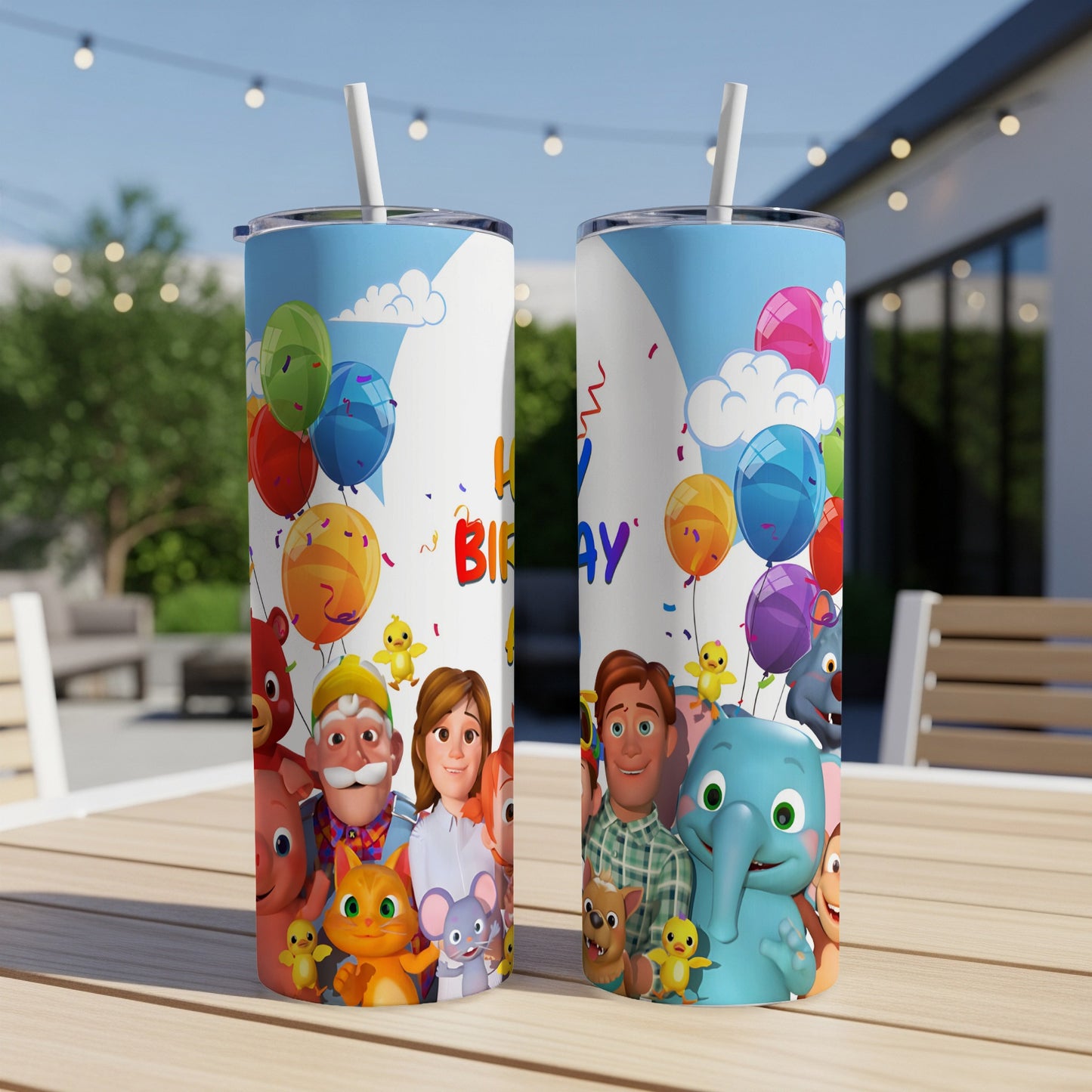Cocomelon characters on a white tumbler with colorful balloons and "Happy Birthday" text.