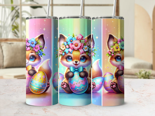 Cute cartoon fox wearing a flower crown holding an Easter egg.