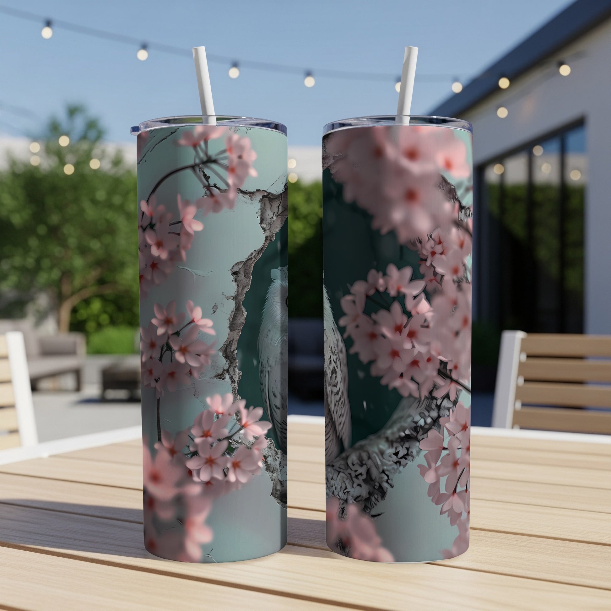 Two tumblers with a bird and cherry blossom design on a table outdoors.