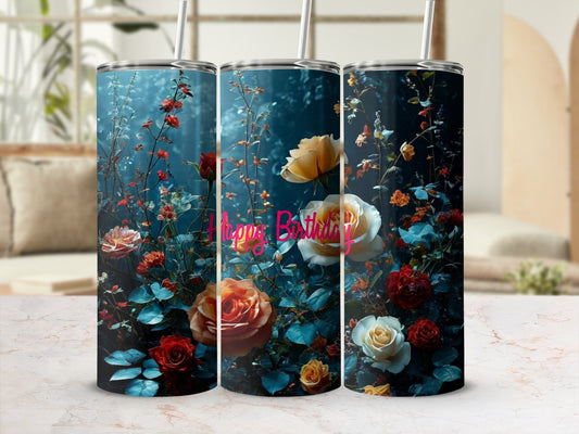 Tumbler with floral pattern and "Happy Birthday" text.