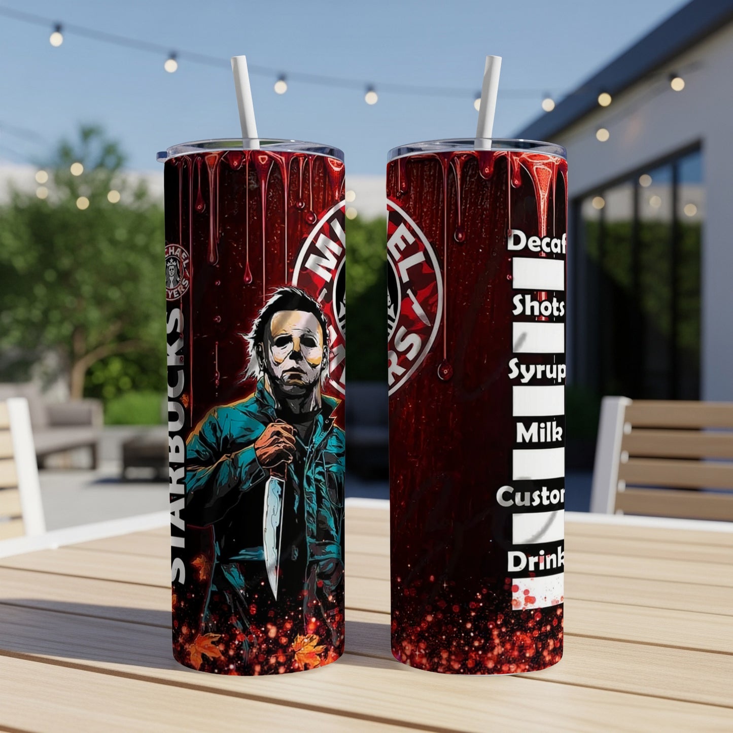 Michael Myers on a Starbucks-themed tumbler with coffee order text.