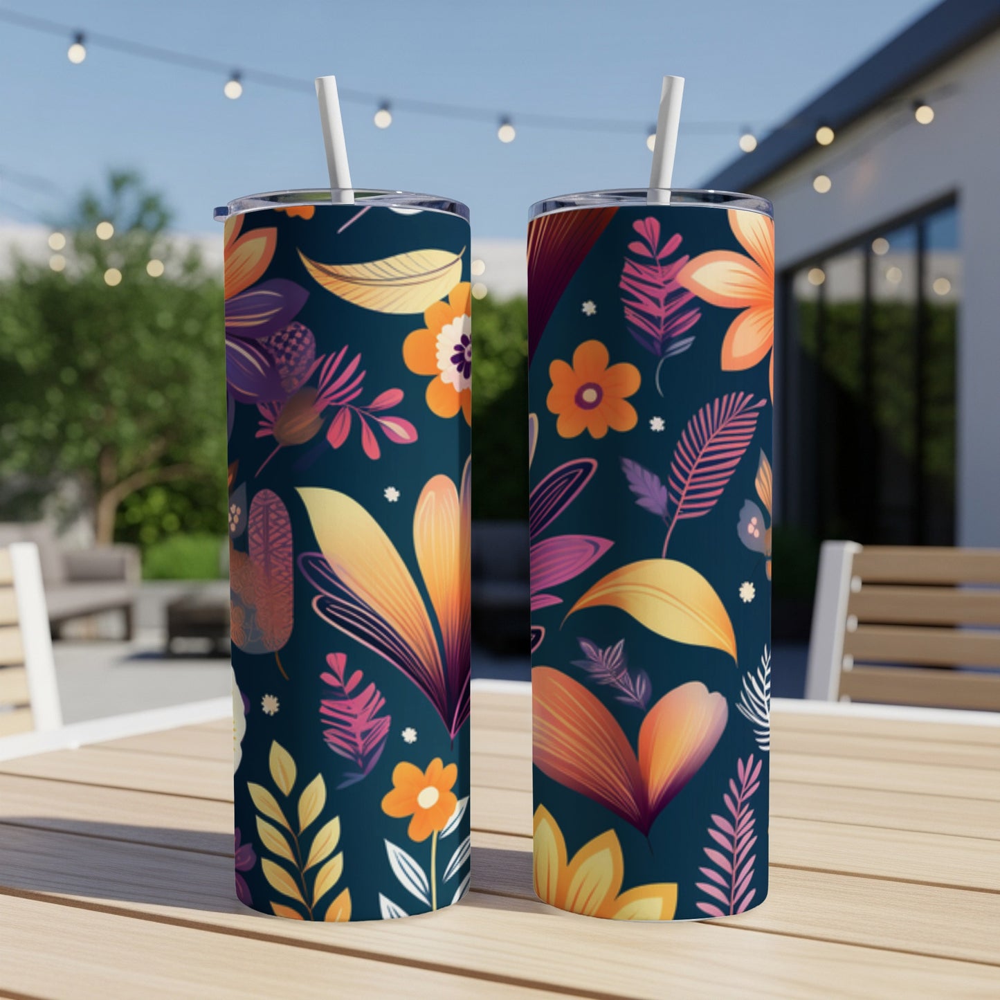 Two navy tumblers with a dark floral and leaf pattern, outdoors on a table.