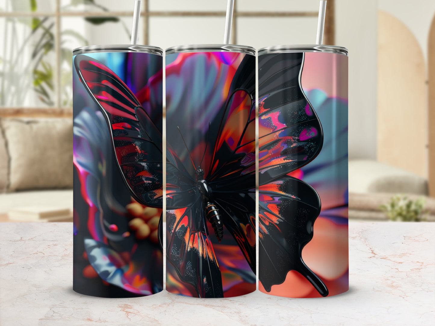 Triptych of colorful tumblers featuring a black and orange butterfly.