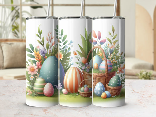 Easter-themed tumblers with eggs, baskets, and floral accents.