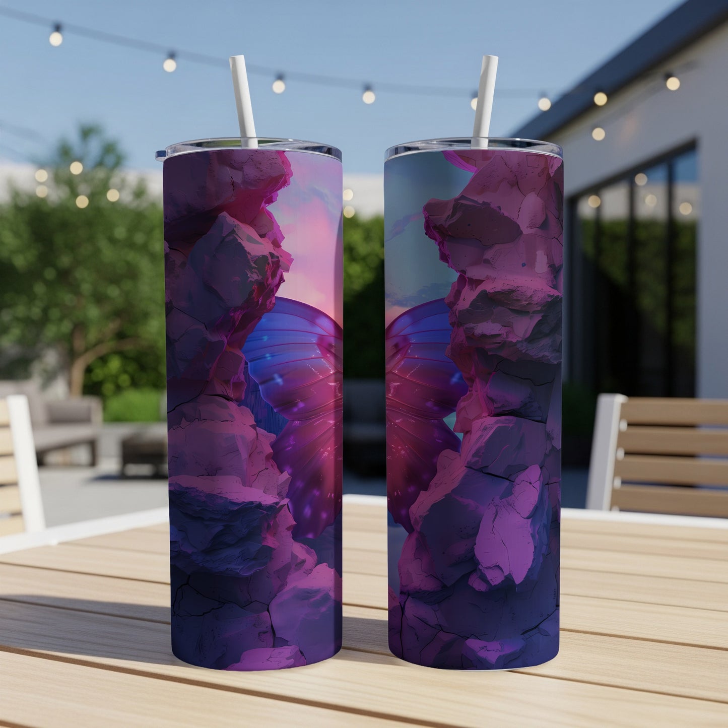Two tumblers with a purple and blue butterfly wing design.