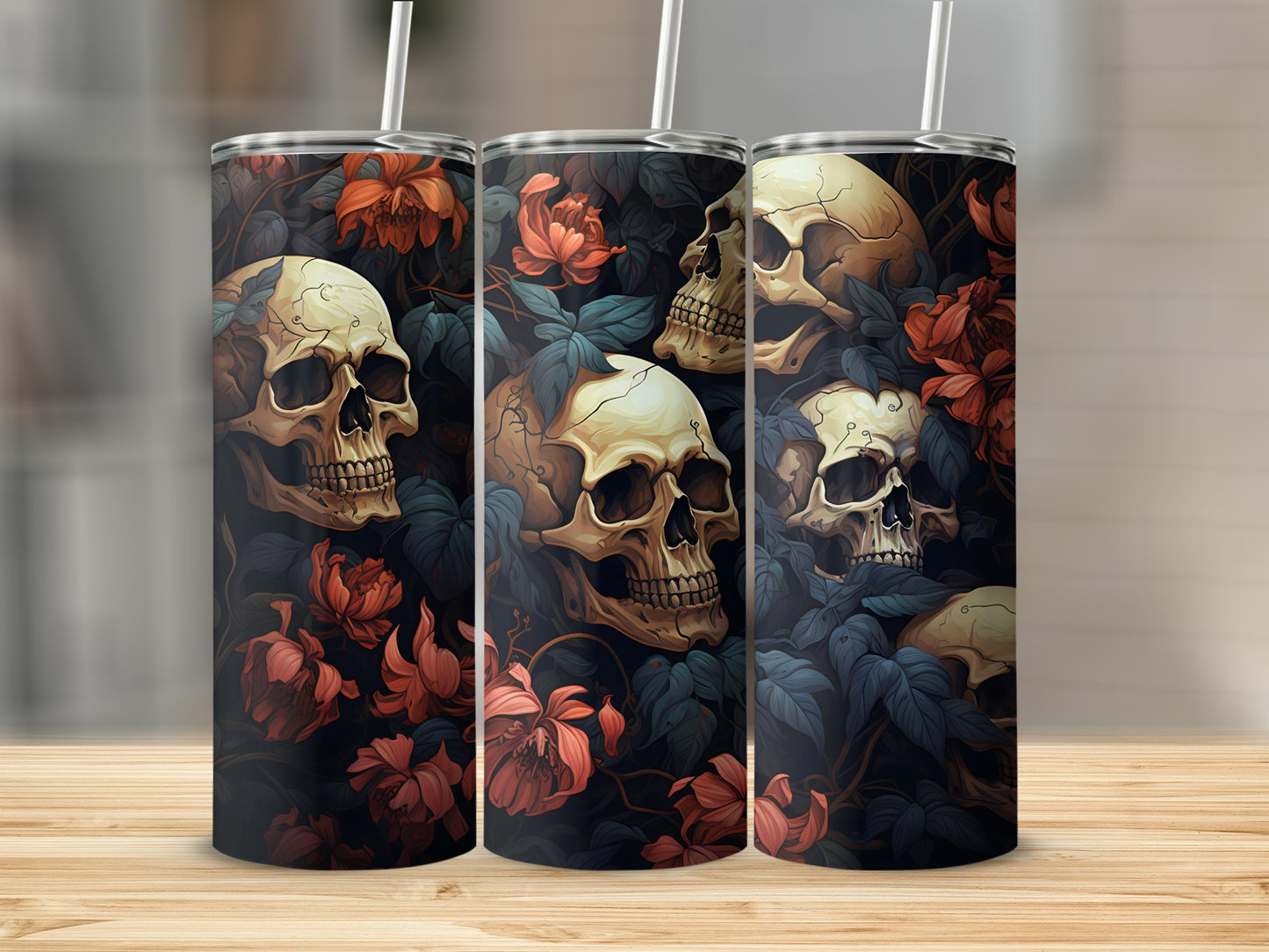 Three tumblers with skulls and dark red flowers design.