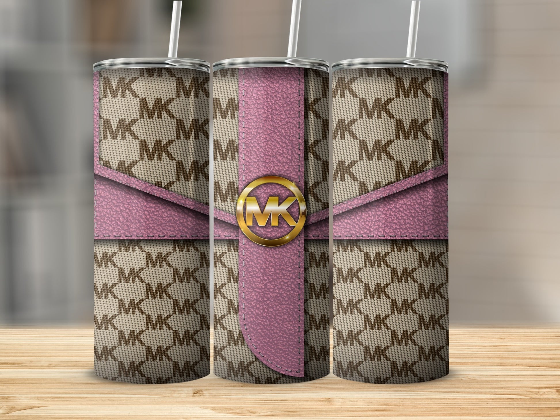 Stylish MK Print Pink Accent Drink Tumbler Product