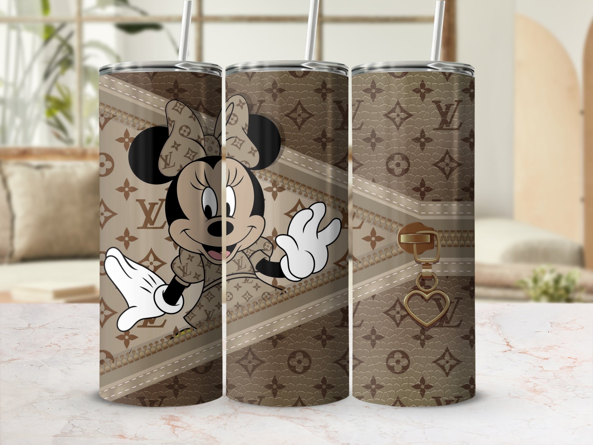 Minnie Mouse in designer print tumbler with gold zipper detail.