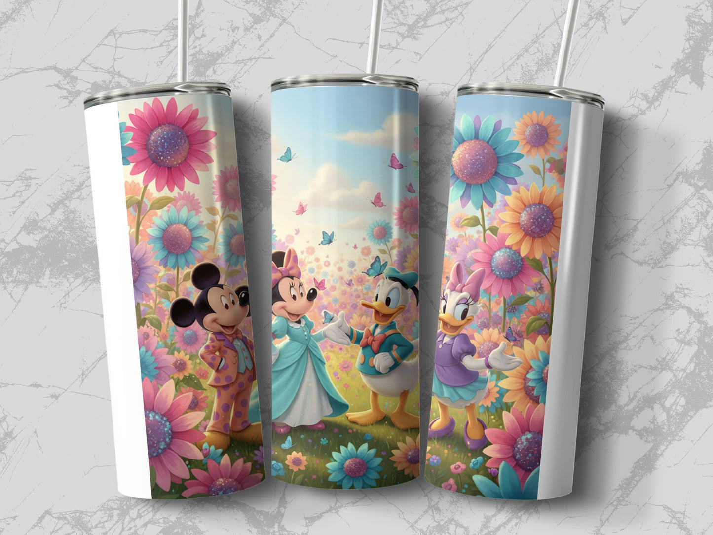 Colorful Cartoon Characters and Flowers Design Tumbler