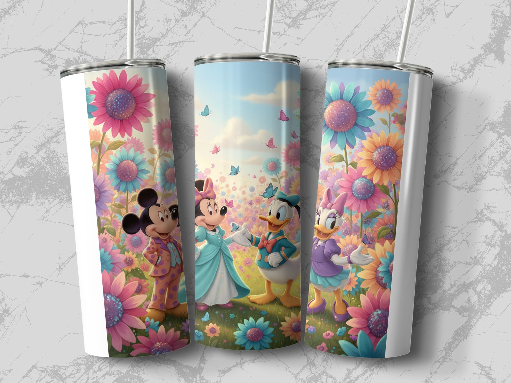 Colorful Cartoon Characters and Flowers Design Tumbler