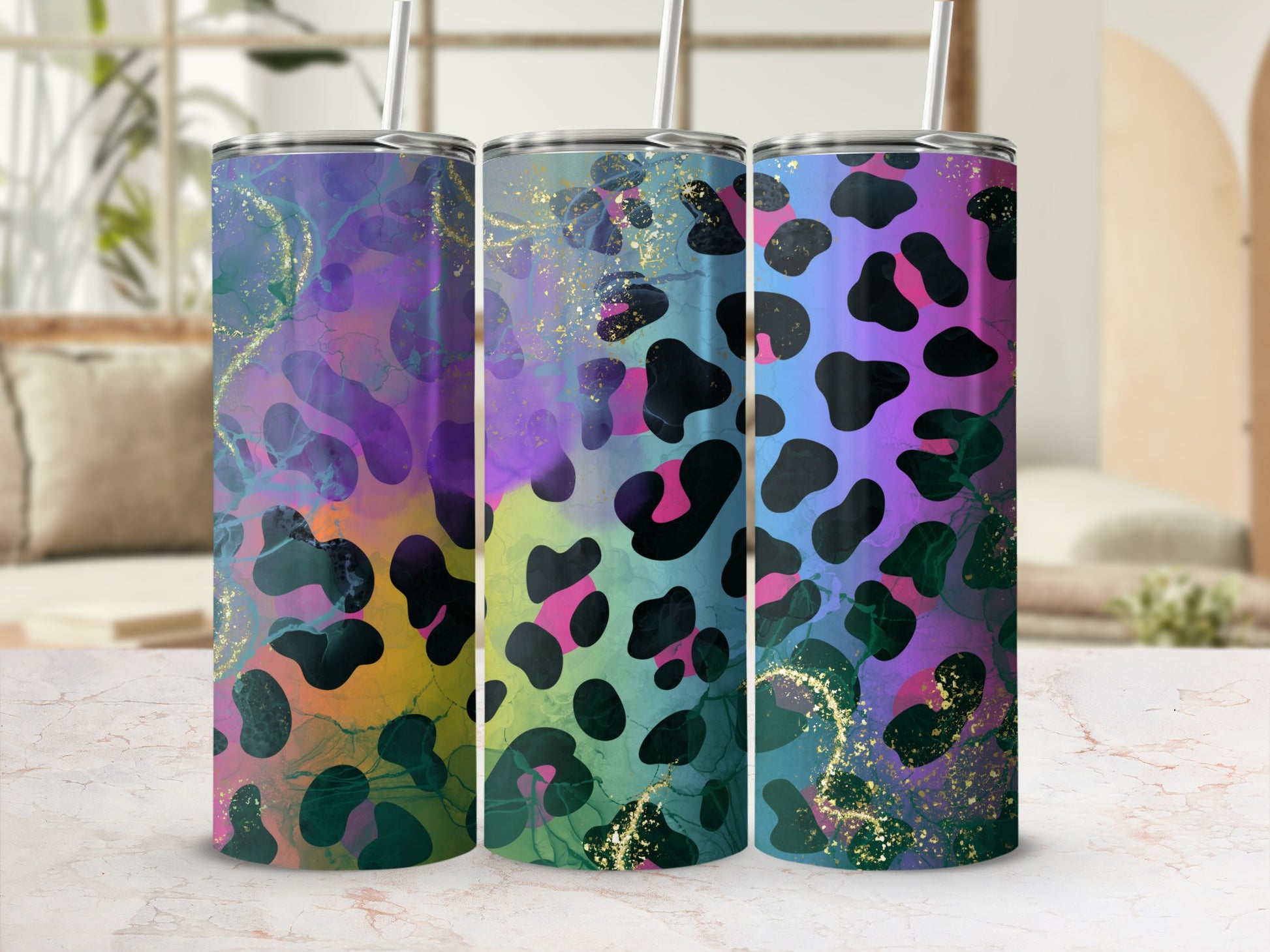 Colorful Leopard Print Tumblers with Straw