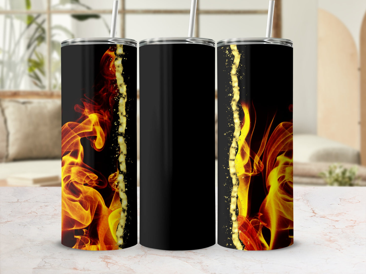 Black tumbler with gold glitter and flames design.