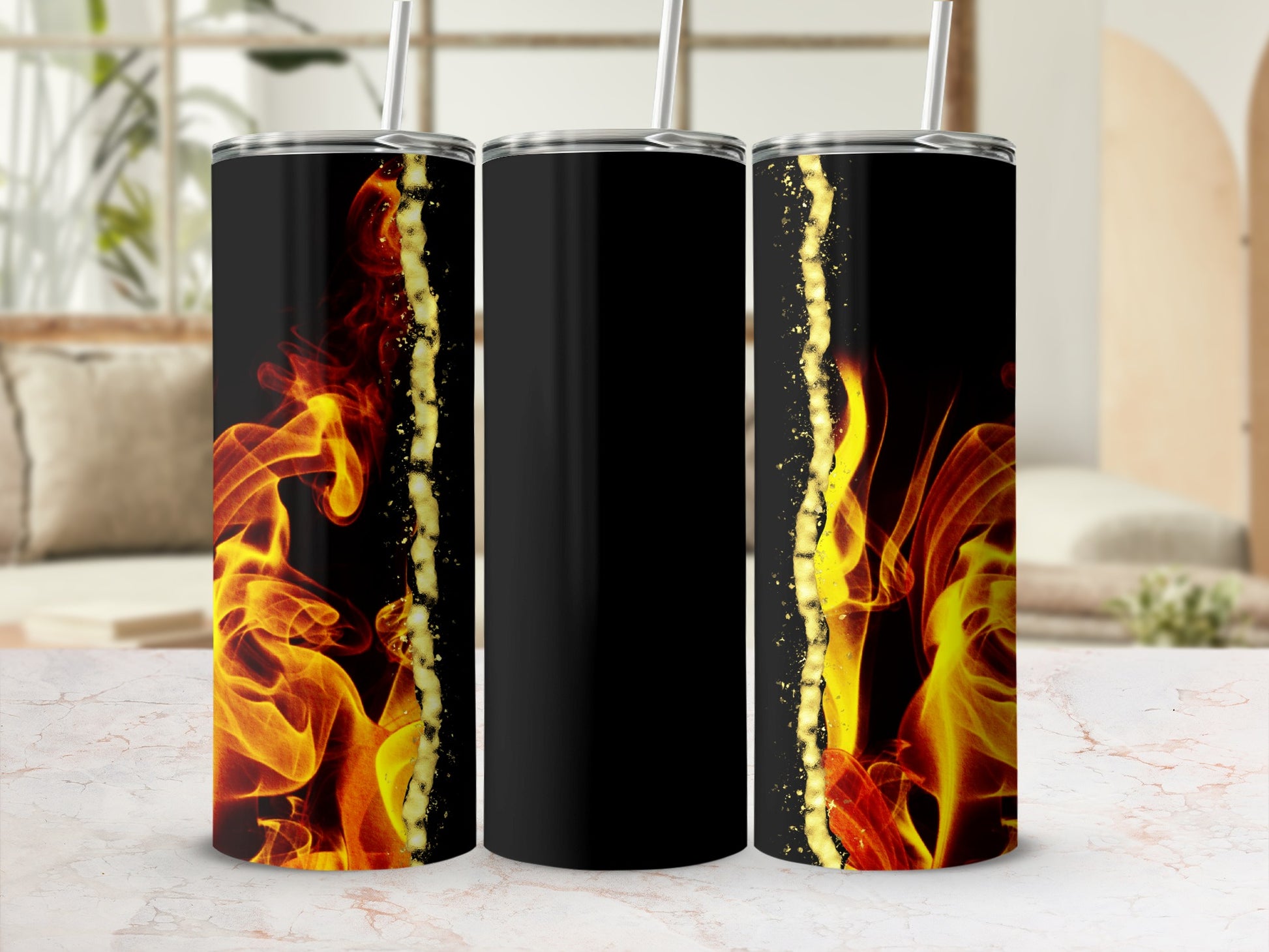 Black tumbler with gold glitter and flames design.