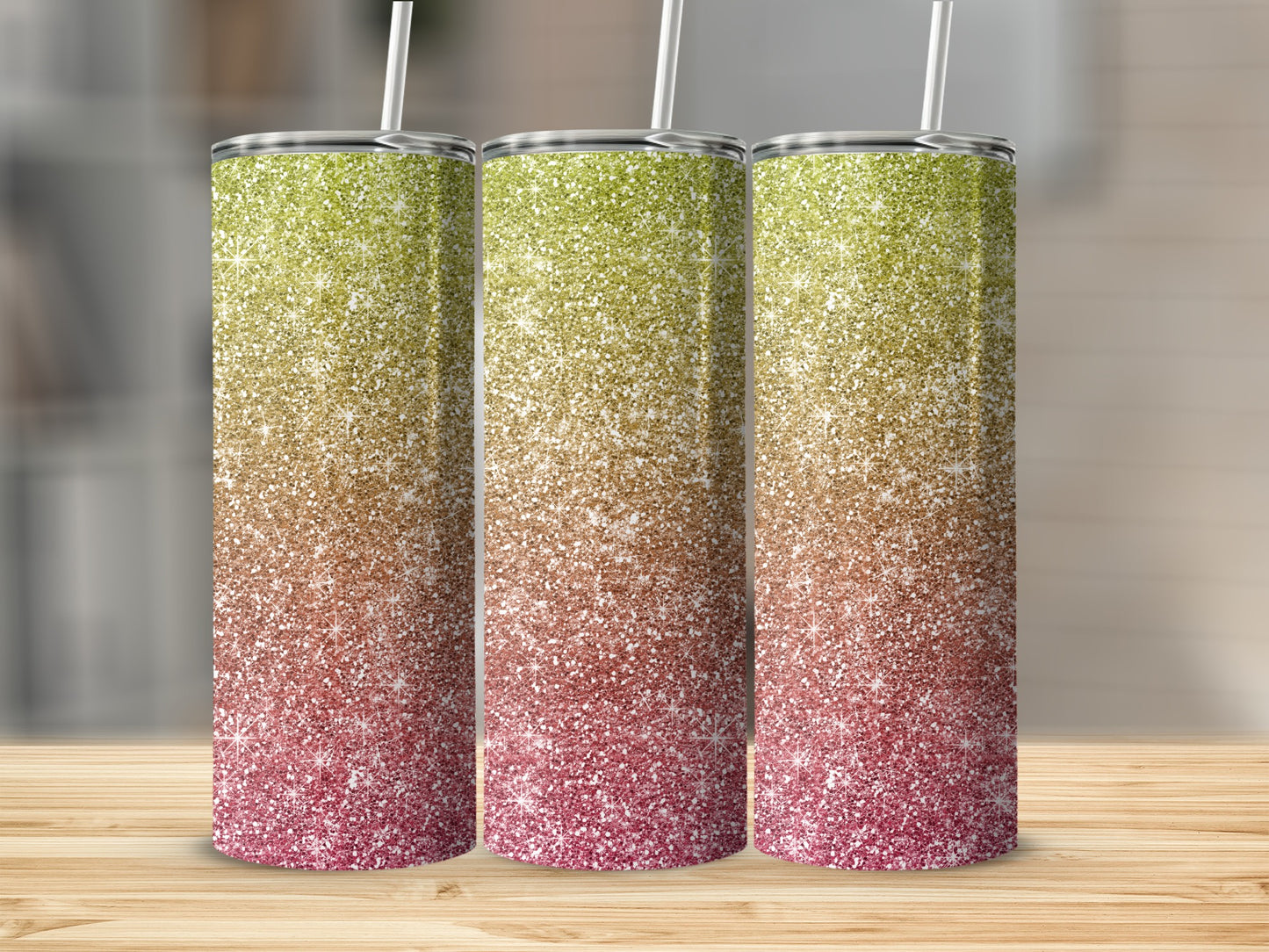 Three glitter tumblers with straw; gradient from green to pink.
