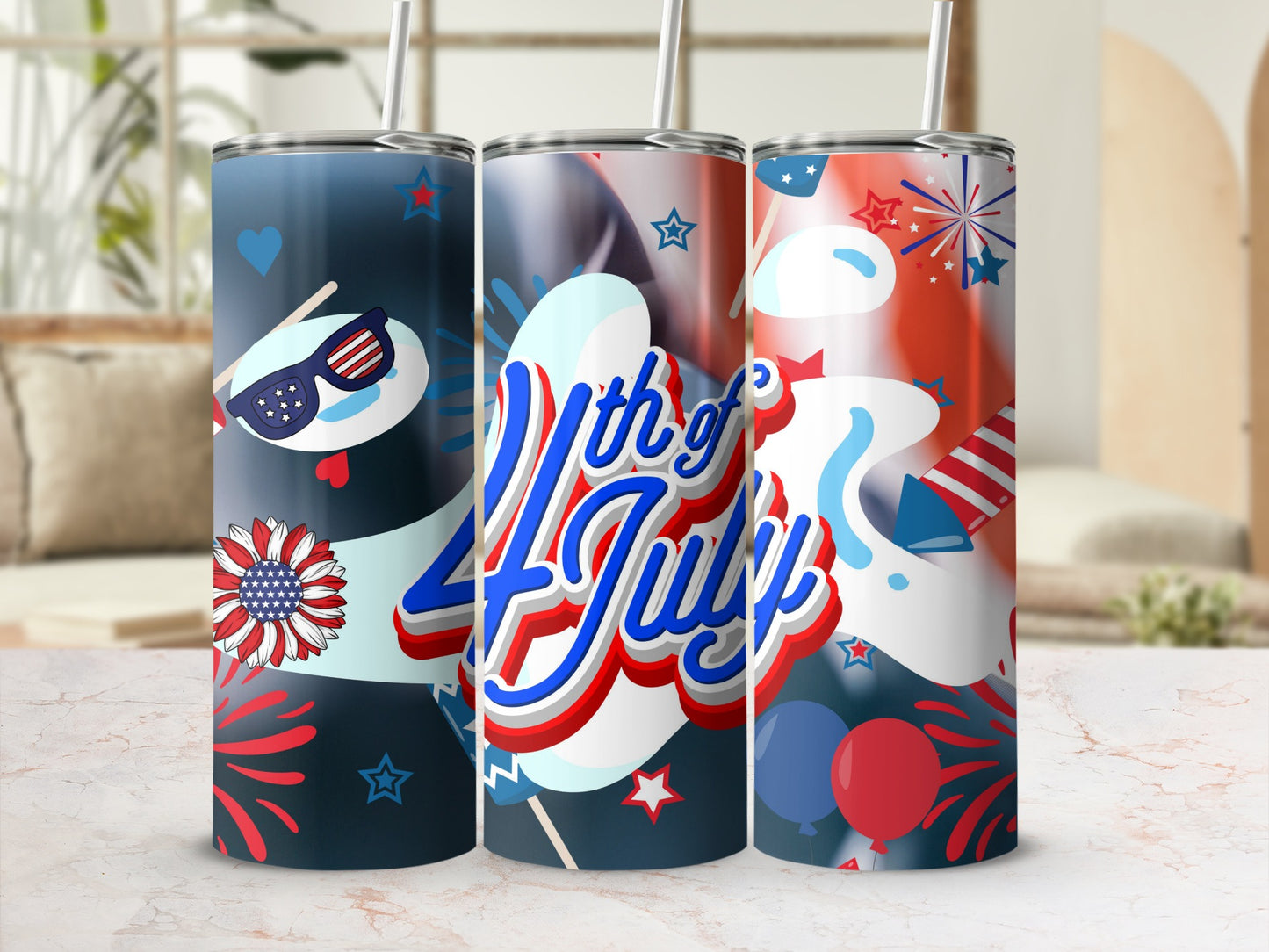 Three tumblers with a 4th of July theme featuring fireworks and patriotic colors.