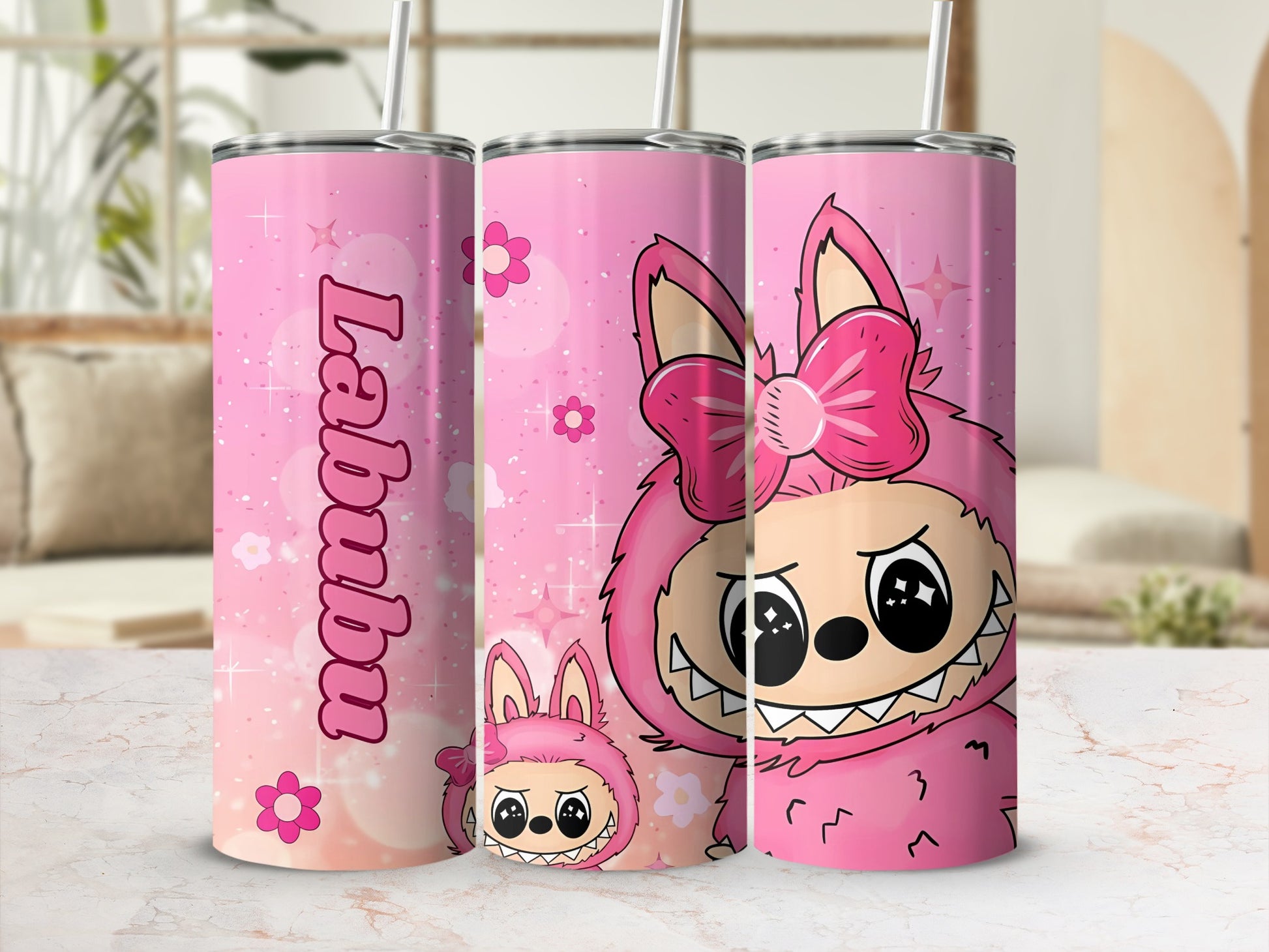 Labubu Pink Character Tumbler With Floral Design Tumbler