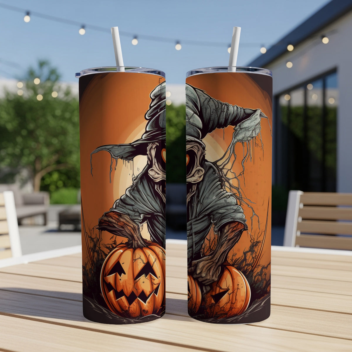 Two tumblers feature a creepy scarecrow figure holding carved pumpkins.