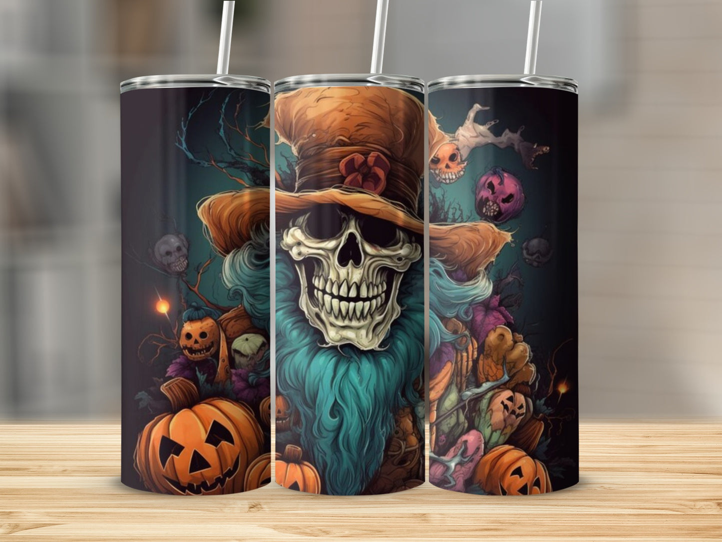 Spooky Halloween Skull with Pumpkin Design Tumbler