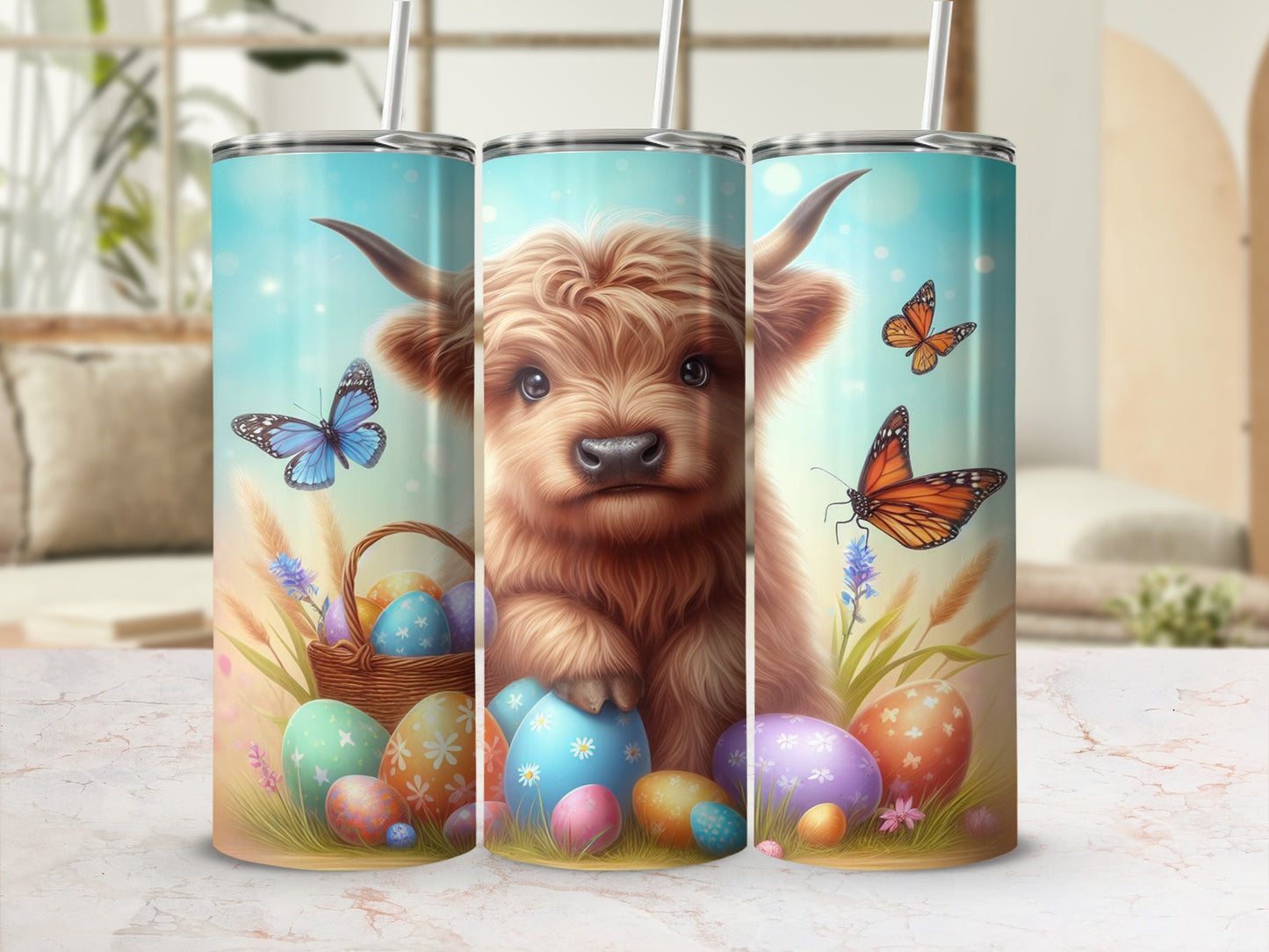 Highland cow with Easter eggs and butterflies in a field.