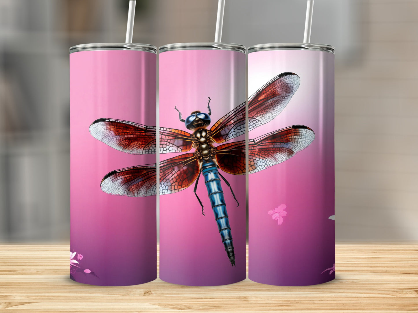 Vibrant Dragonfly Art on Pink Background Tumbler