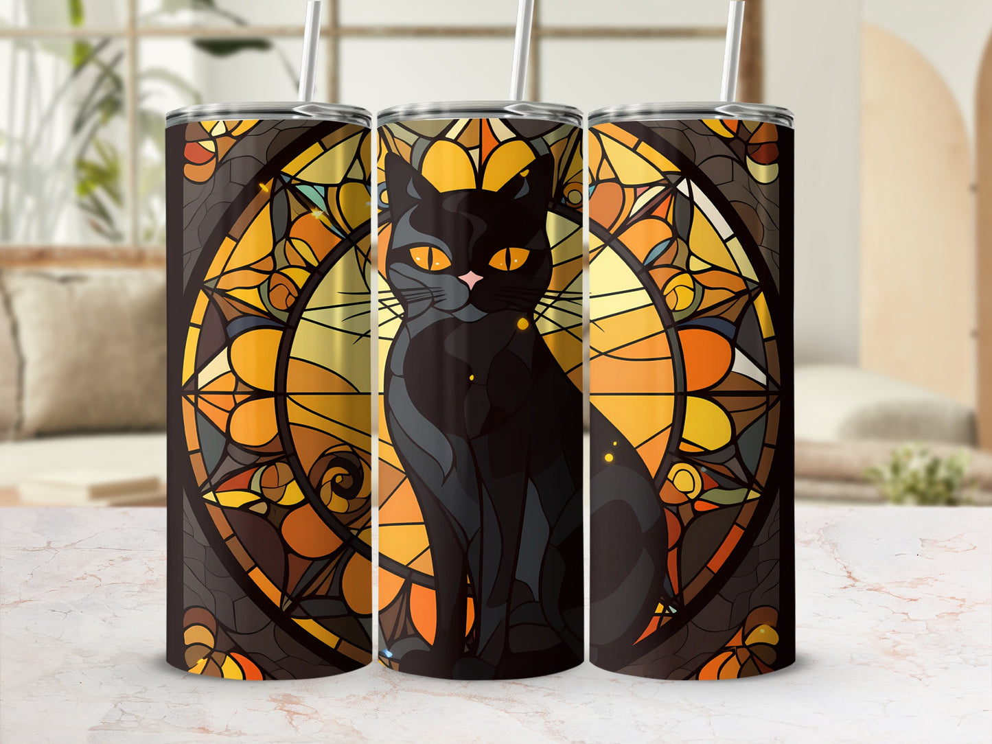 Black cat with yellow eyes in stained glass pattern on tumbler.