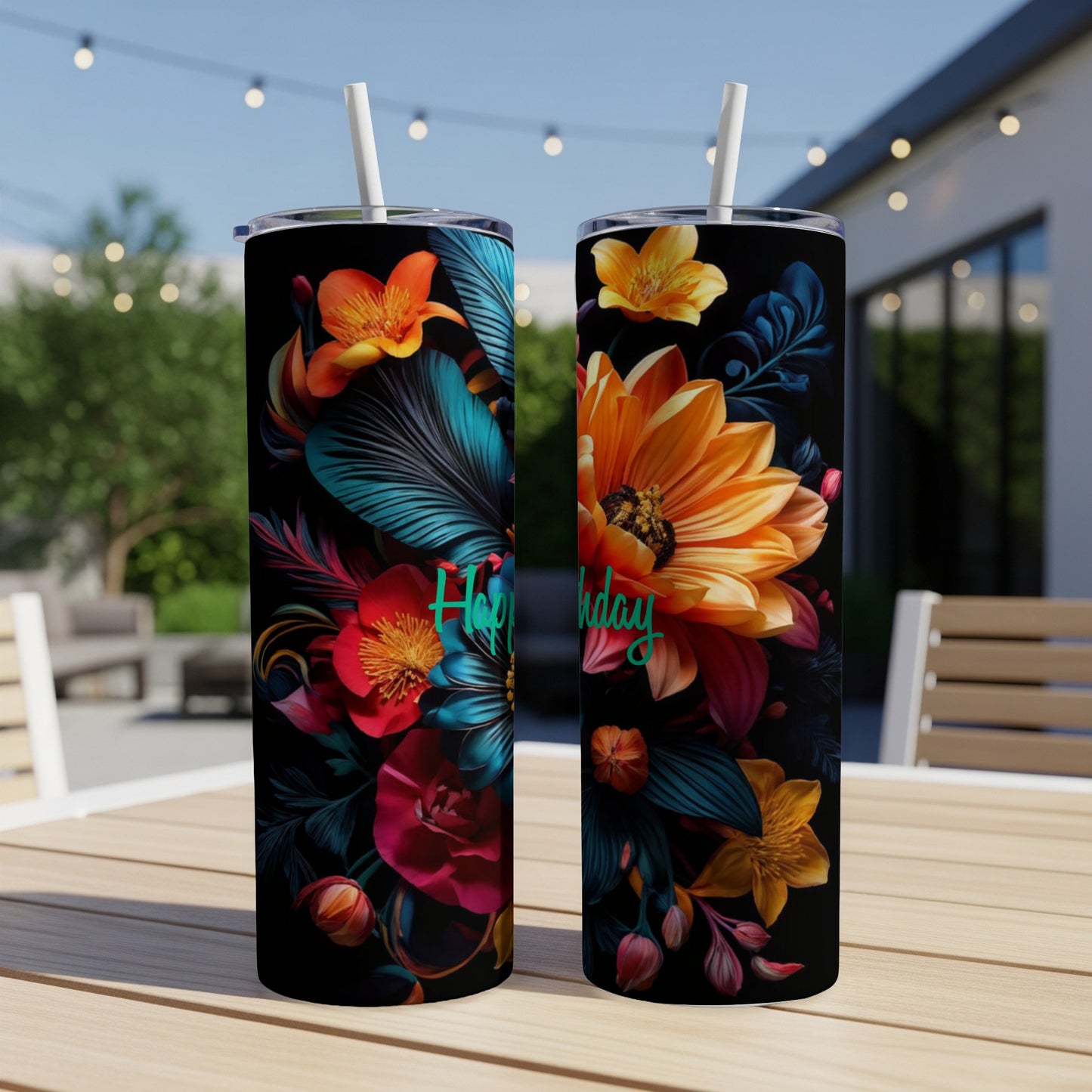 Two colorful tumblers with floral designs and "Happy Birthday" text.