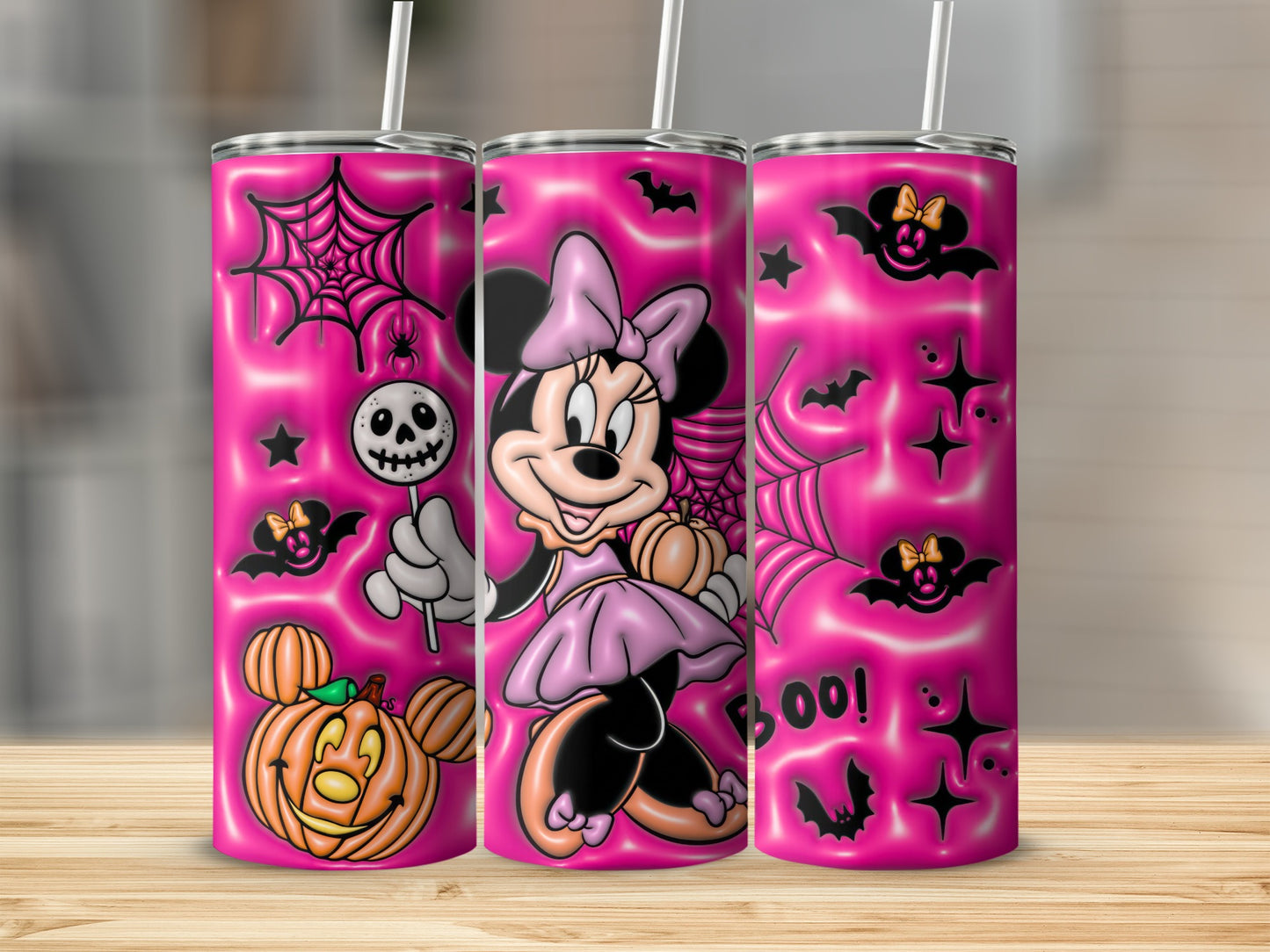 Pink Halloween Minnie Themed Tumbler with Spooky Designs