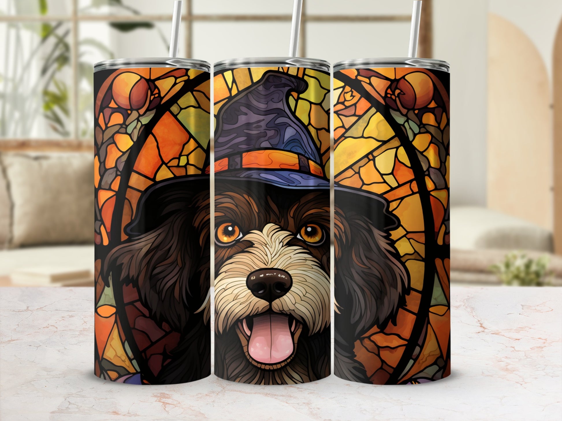 Dog wearing a witch hat in stained glass design.