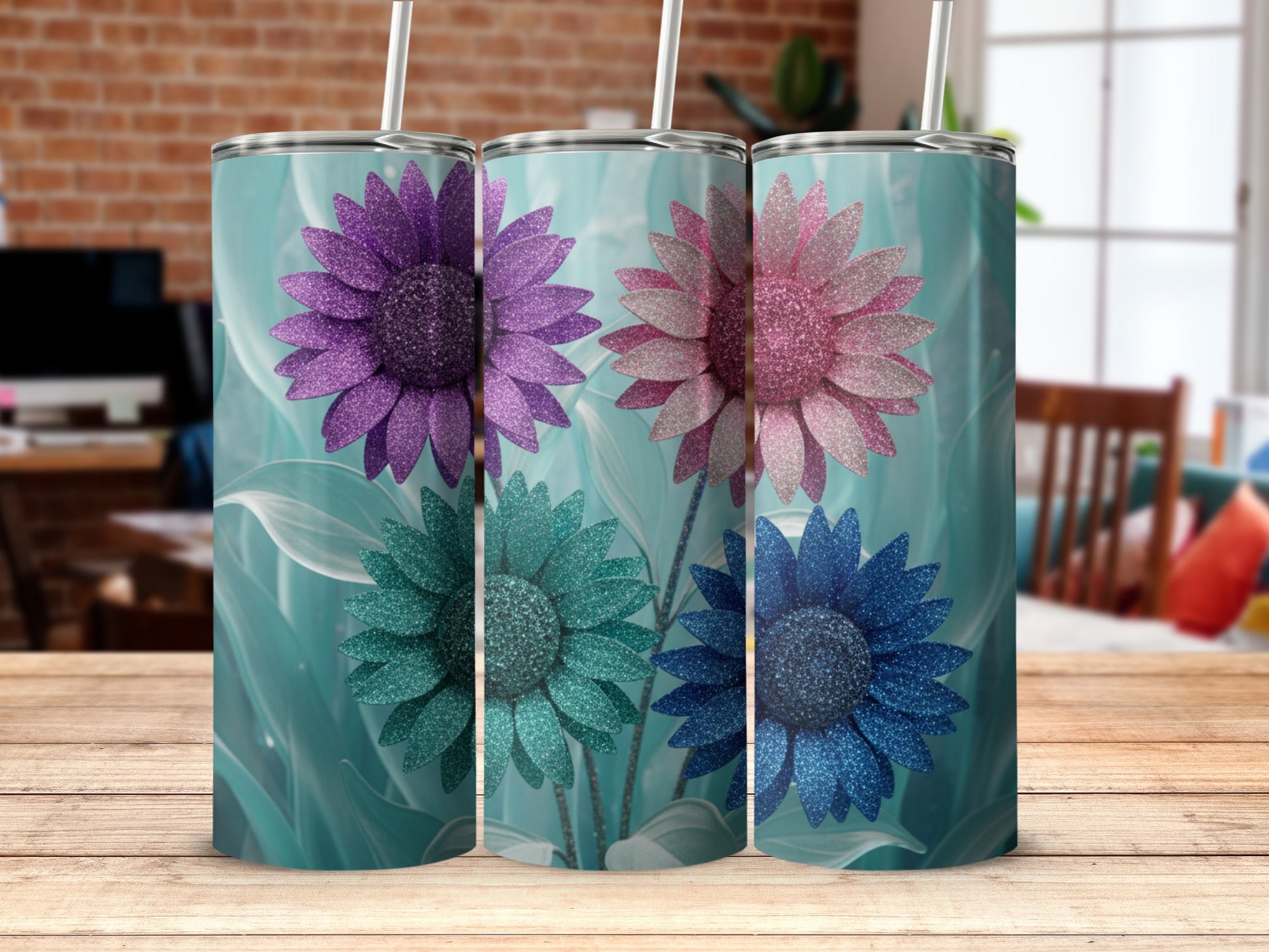 Glittering Daisy Design Stainless Steel Tumbler