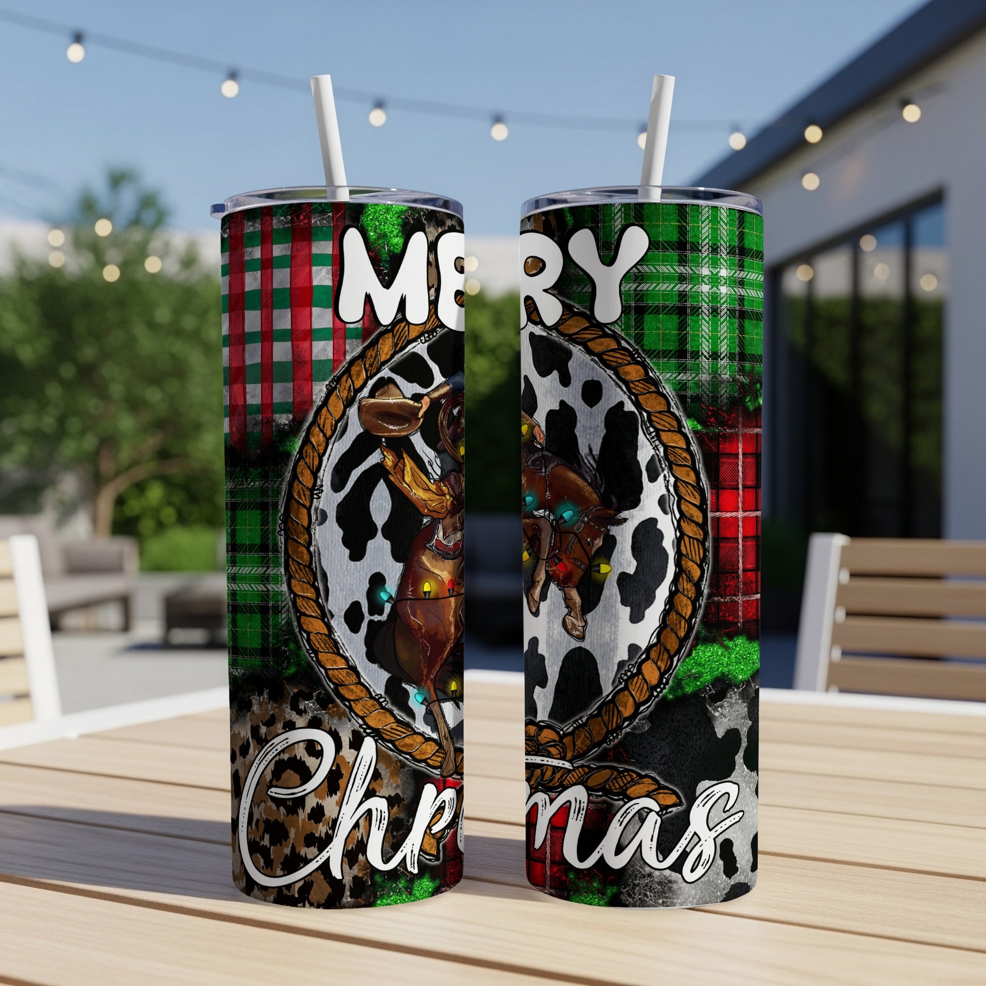Merry Christmas cowboy and cowgirl riding horses on plaid background.
