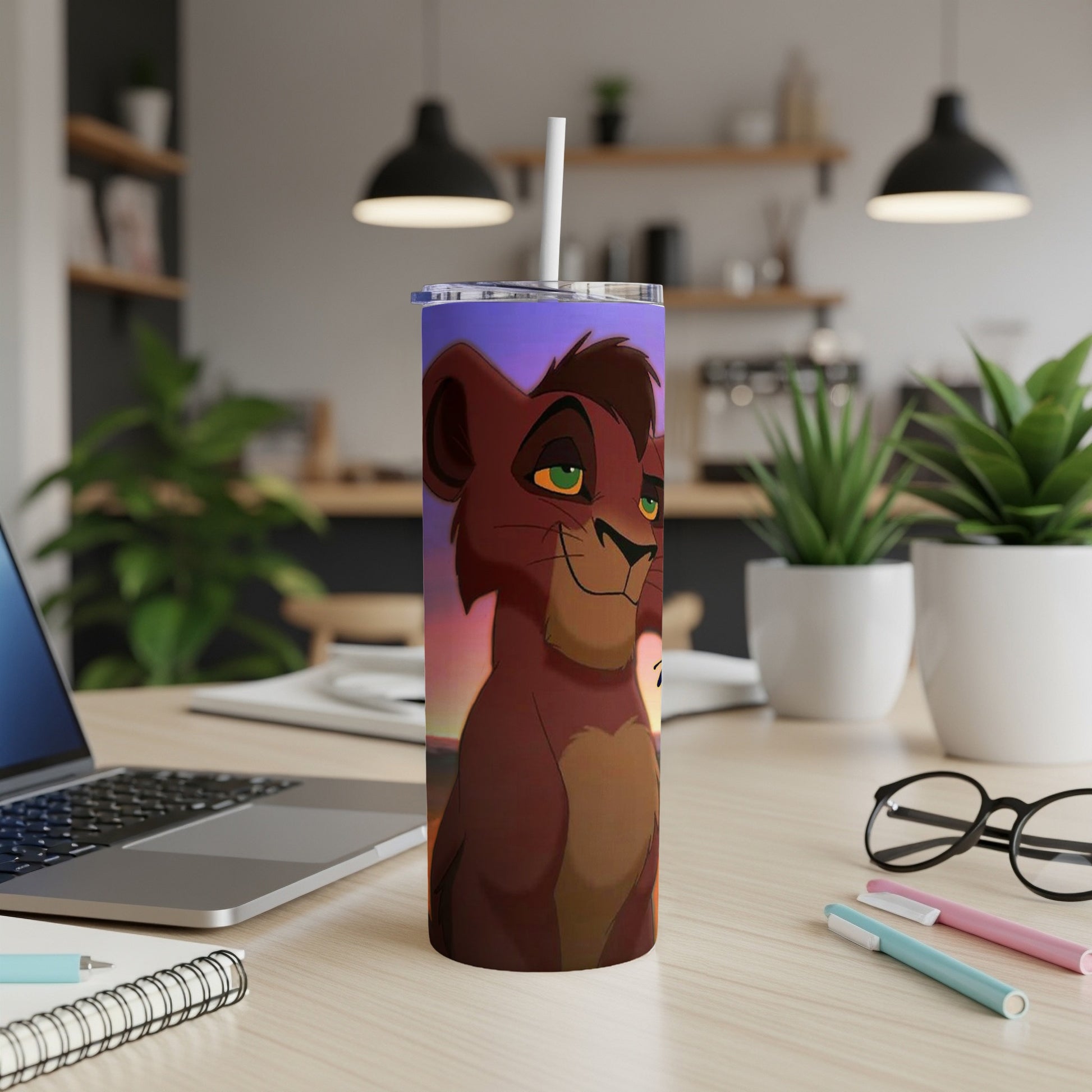 Simba from The Lion King on a tumbler with a straw.
